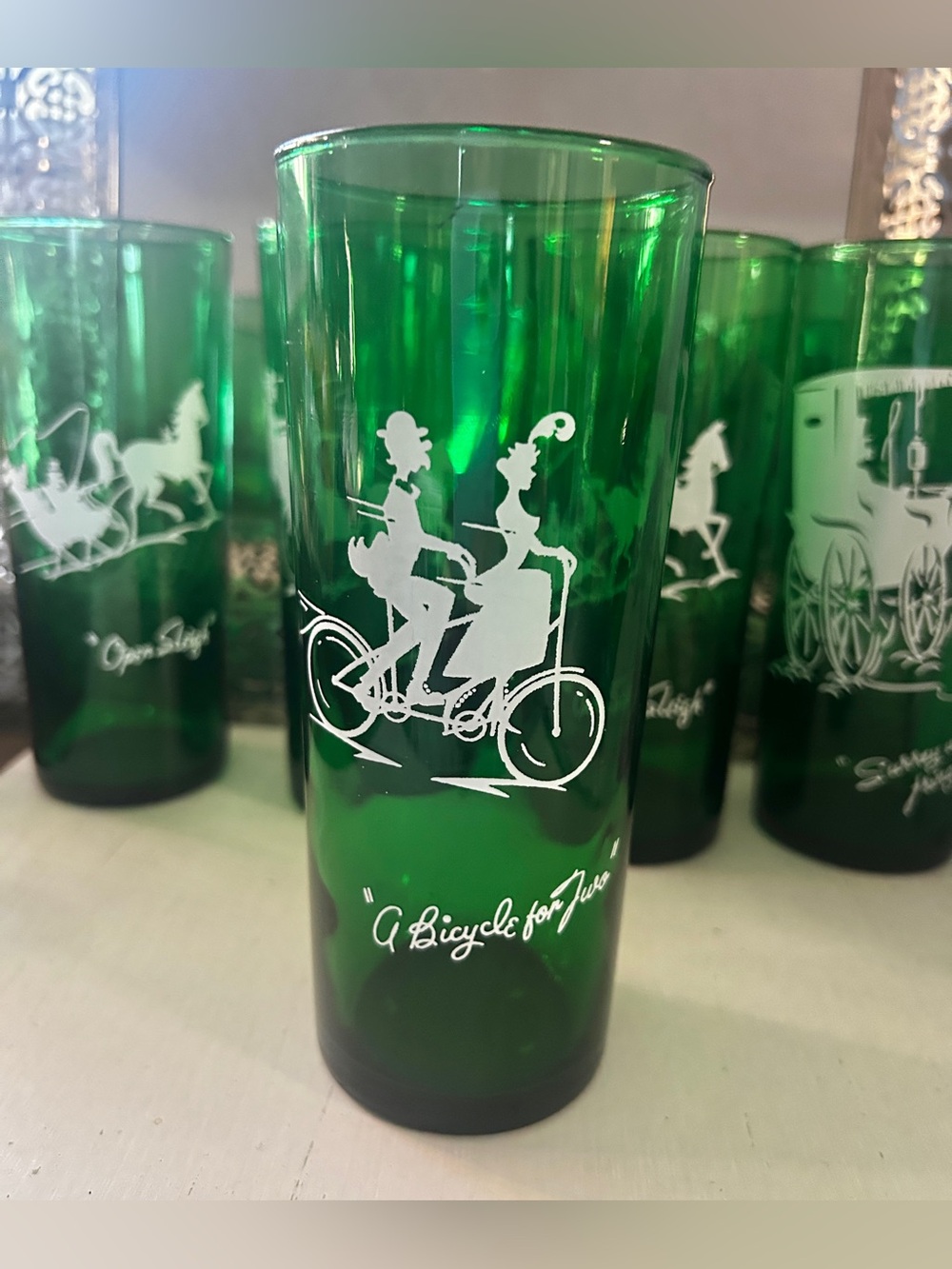 FIVE Vintage Anchor Hawking Emerald Green Glass Tumblers Gay Nineties Song Lyric